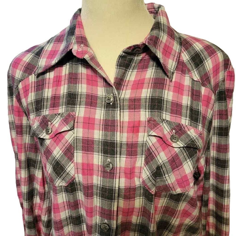 Izod 100% Cotton Pink and Gray Plaid Women's Button Down Shirt Size Medium